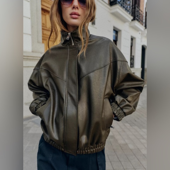 ZARA FAUX LEATHER HIGH COLLAR BOMBER JACKET - Picture 2 of 11